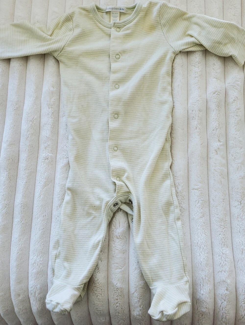 Pottery Barn Kids pale green striped footed one-piece